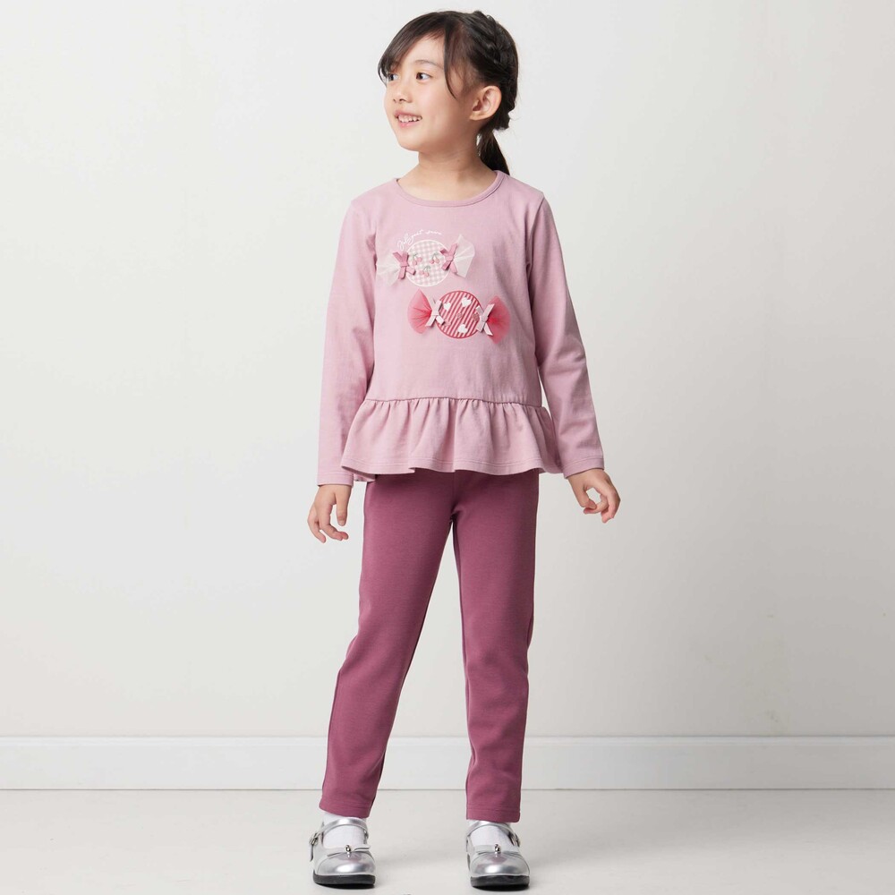 【抗菌・防臭】キャンディプリント裾フリル天竺長袖Tシャツ(90~130cm) ピンク SS(90-100cm)