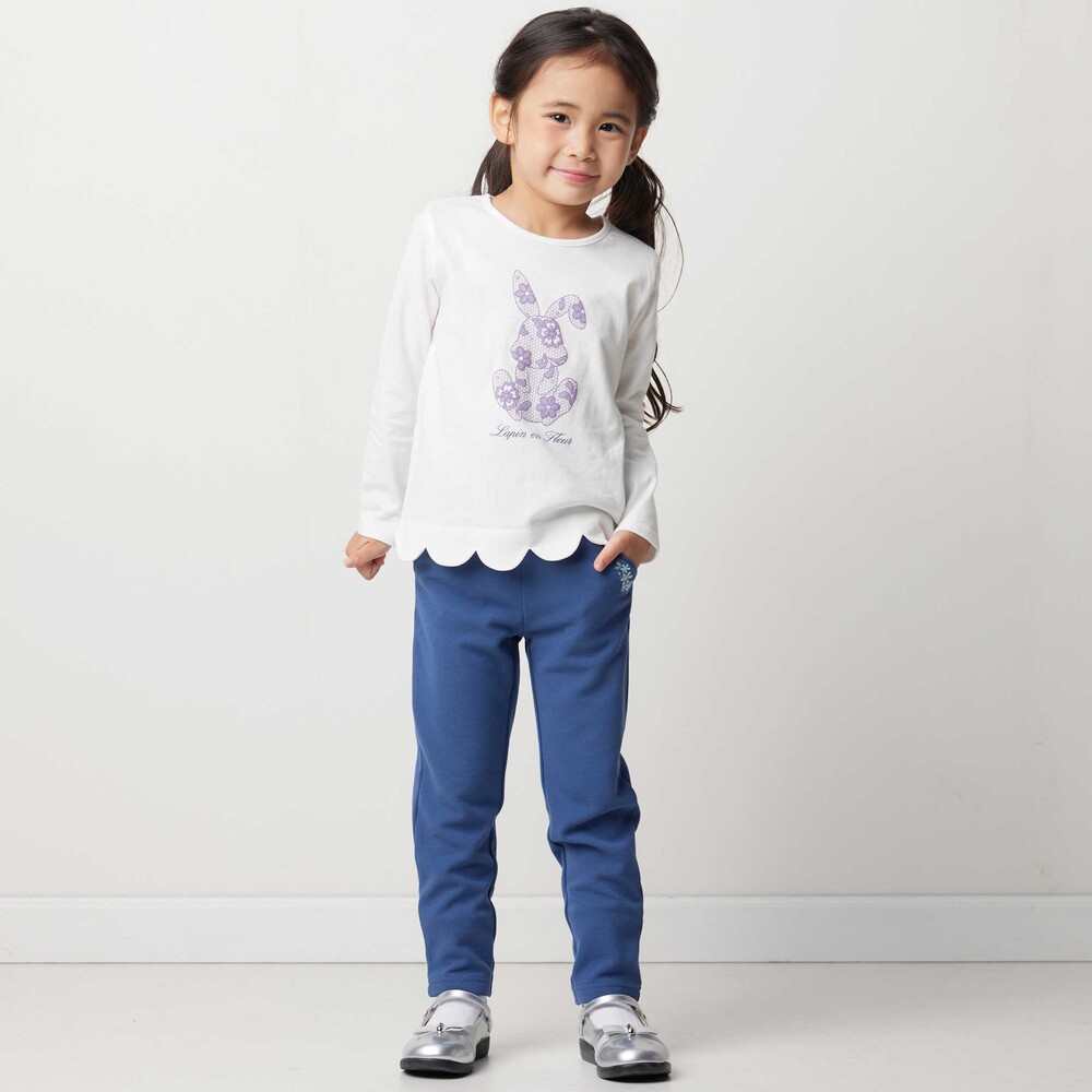 【抗菌・防臭】Rabbitレースプリント裾スカラップ天竺長袖Tシャツ(90~130cm) オフホワイト SS(90-100cm)