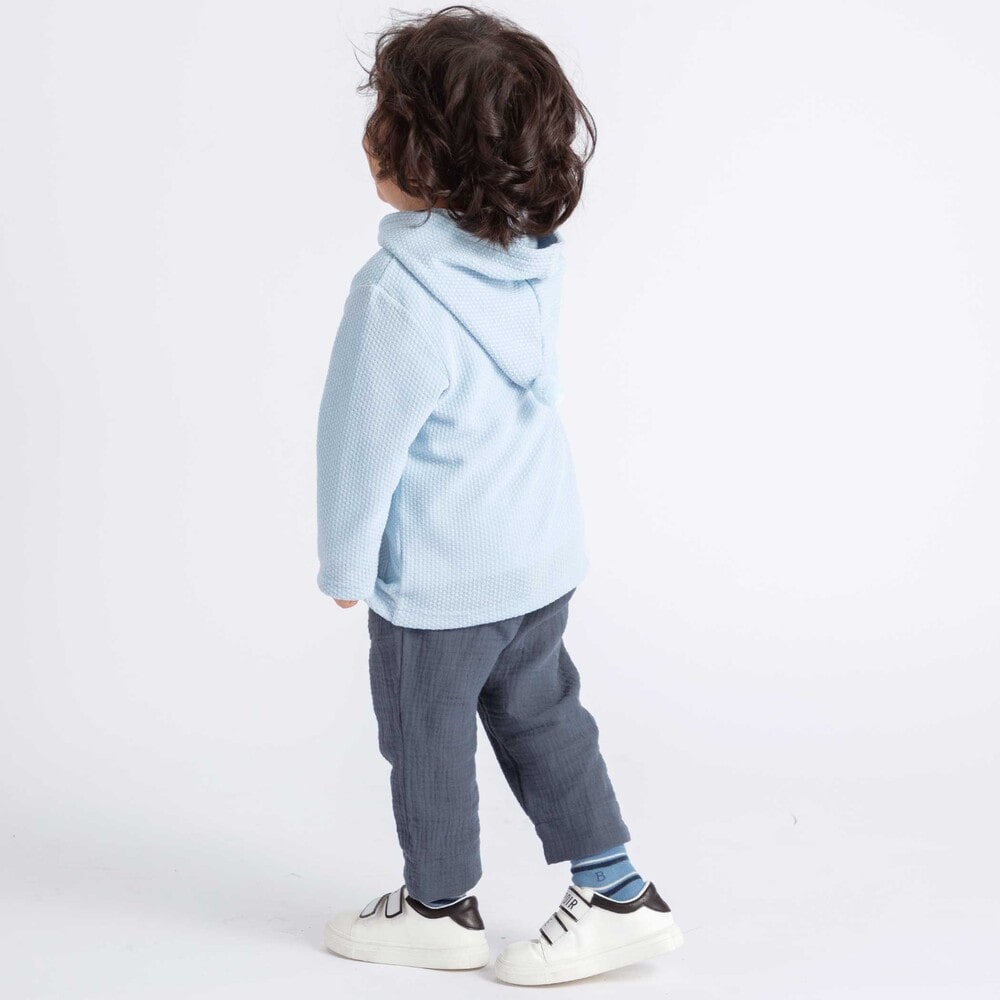 メランジワッフルポンポンフード付き長袖カーディガン(80~100cm) ブルー 80cm