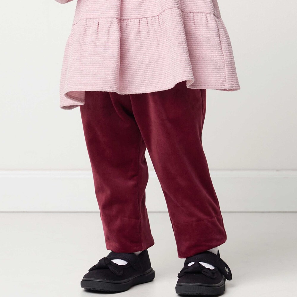 ニットコール裾花柄ロングパンツ(80~90cm) ボルドー 80cm