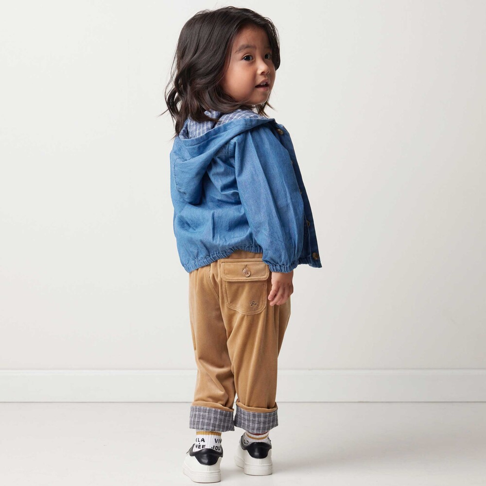 ニットコール裾チェックロングパンツ(80~90cm) ベージュ 80cm