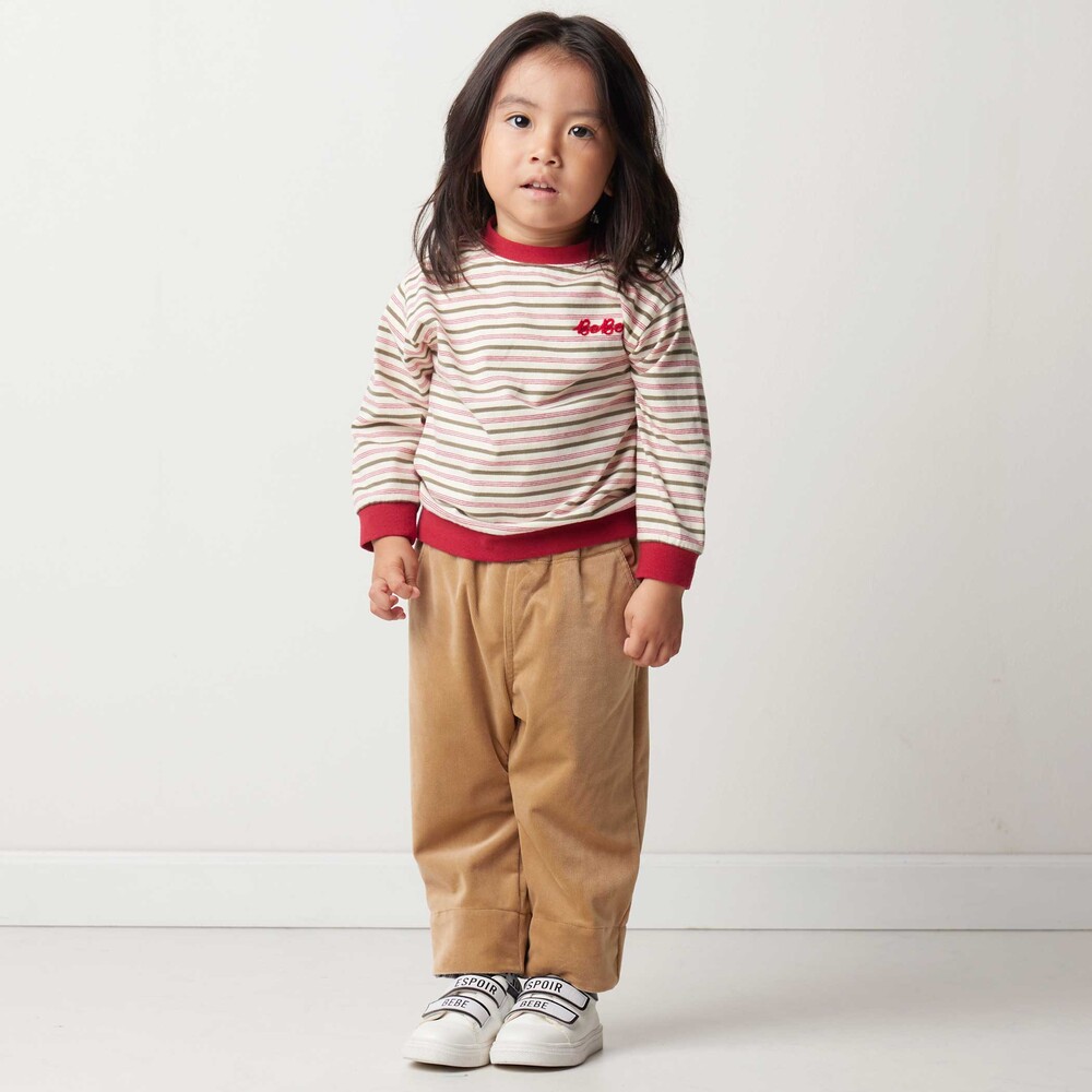 マルチボーダー天竺配色リブ長袖Tシャツ(80~90cm) レッド系 80cm