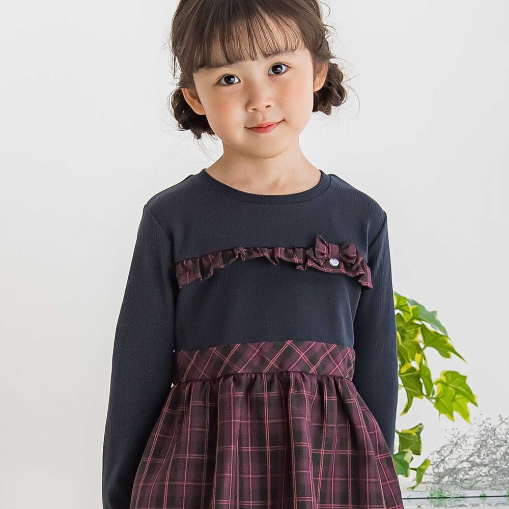 【限定商品】リブ+チェックドッキング長袖ワンピース(95~150cm) ネイビー系 95cm