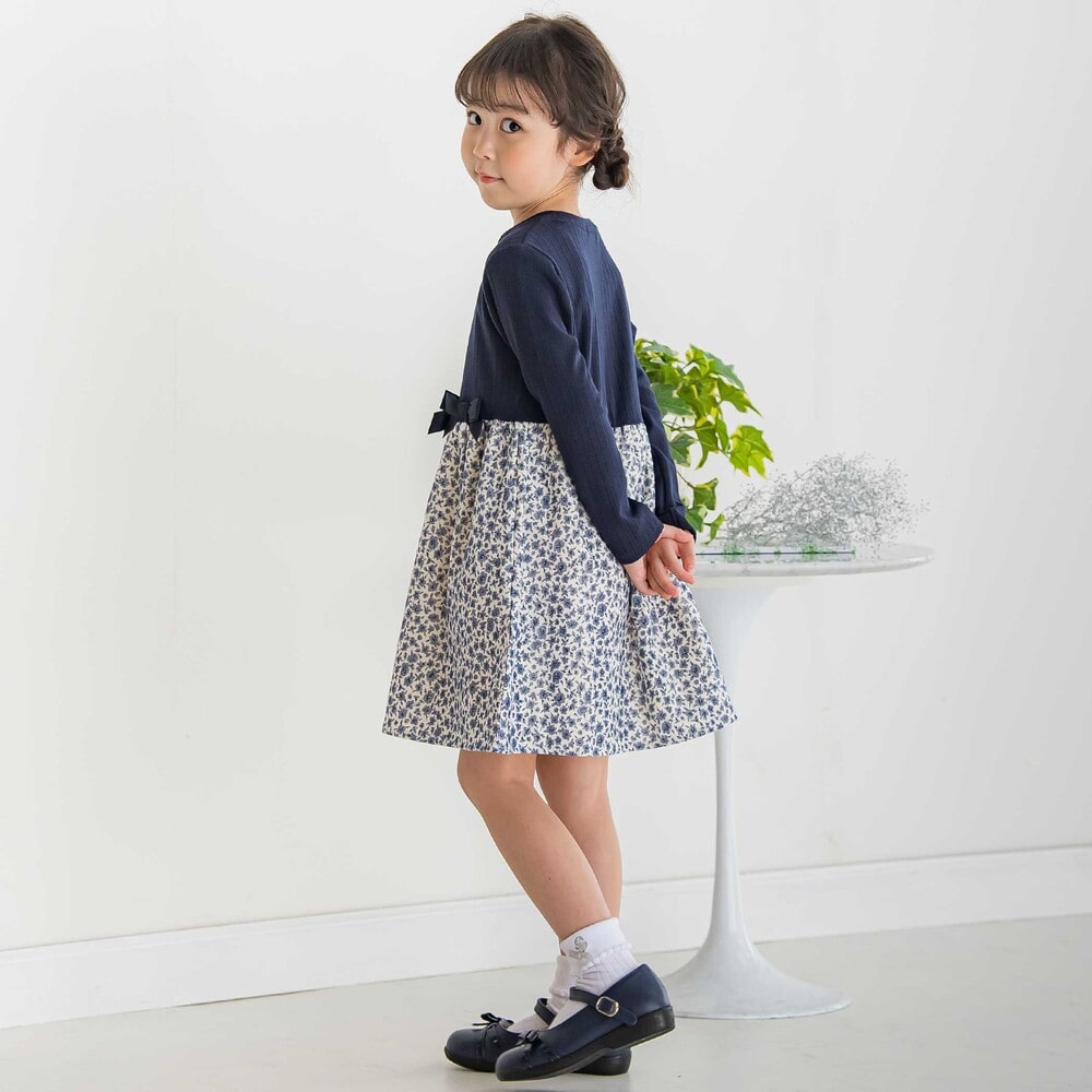 【限定商品】リブ+ネル花柄ドッキング長袖ワンピース(95~150cm) ネイビー系 95cm