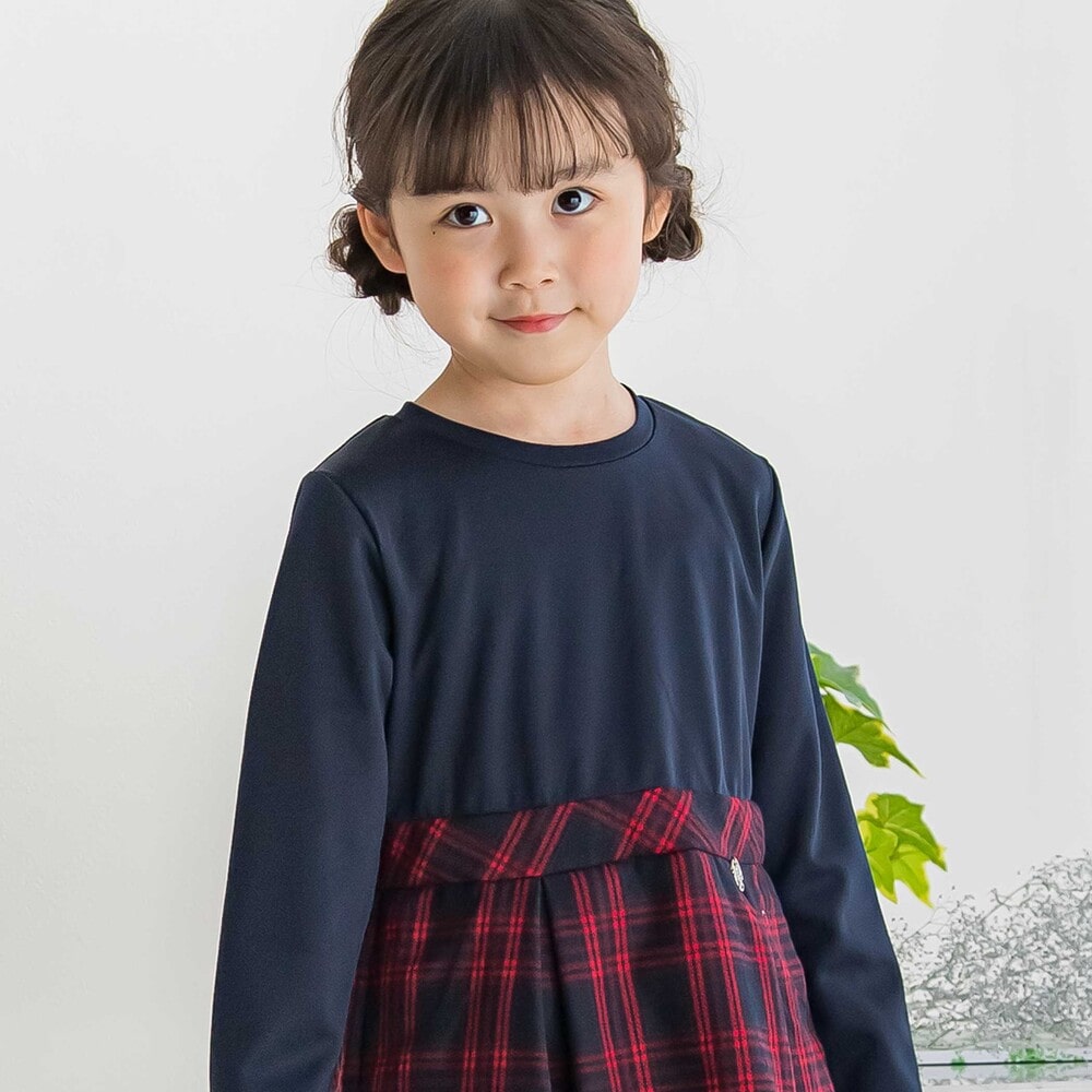【限定商品】ポンチチェックドッキングワンピース(95~150cm) レッド系 95cm