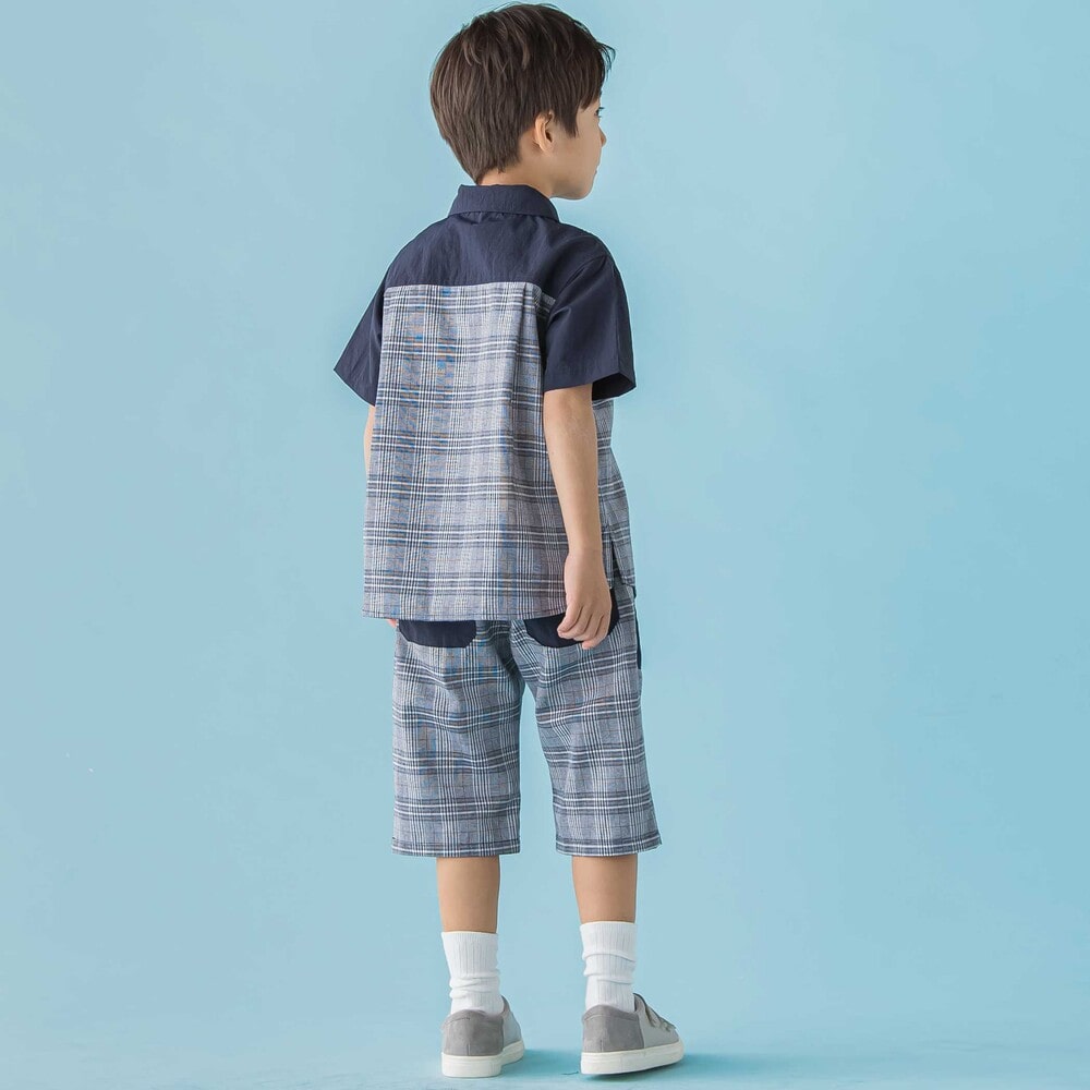 【限定商品】無地×チェックトップス+ショートパンツセットアップ(95~150cm) ブラック系 95cm