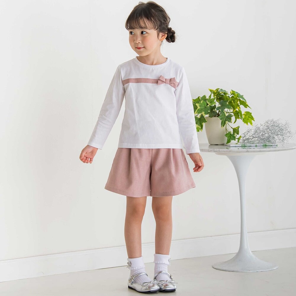 【限定商品】リボン長袖Tシャツ+キュロットセットアップ(95~150cm) ピンク系 95cm