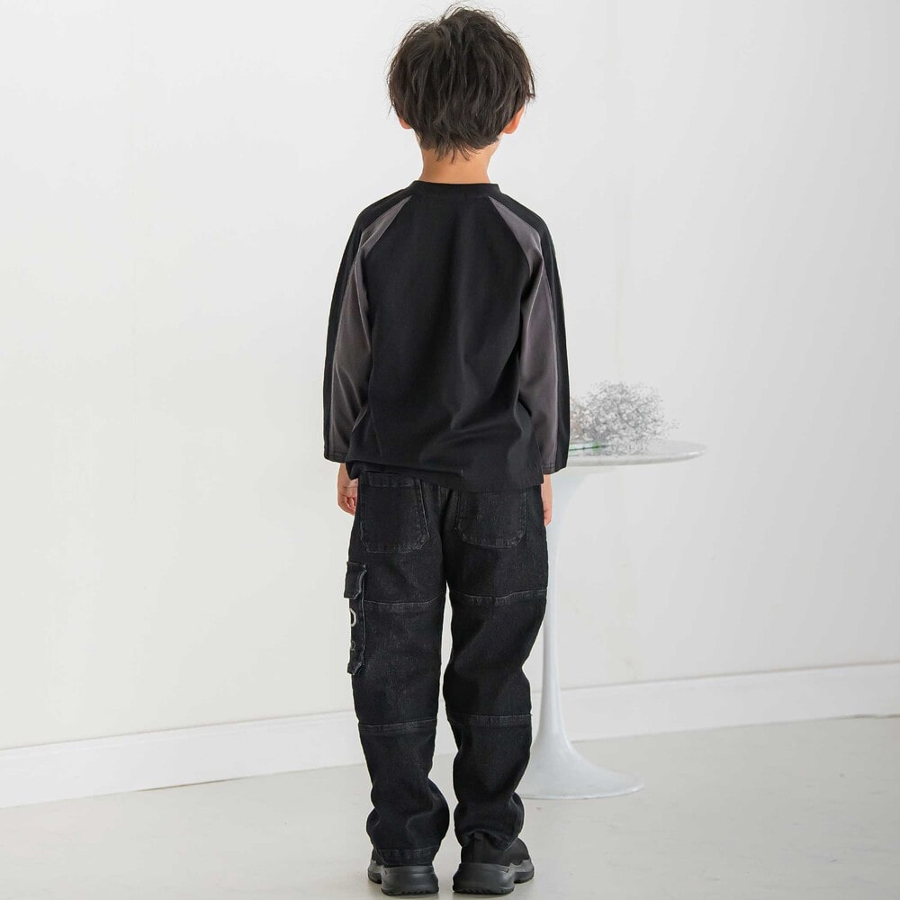 【限定商品】配色切り替えラグランロングTシャツ(95~150cm) ブラック系 95cm