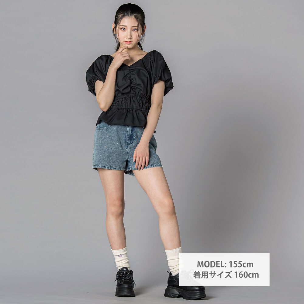 ラインストーンショートデニムパンツ(130~160cm) ネイビー 130cm