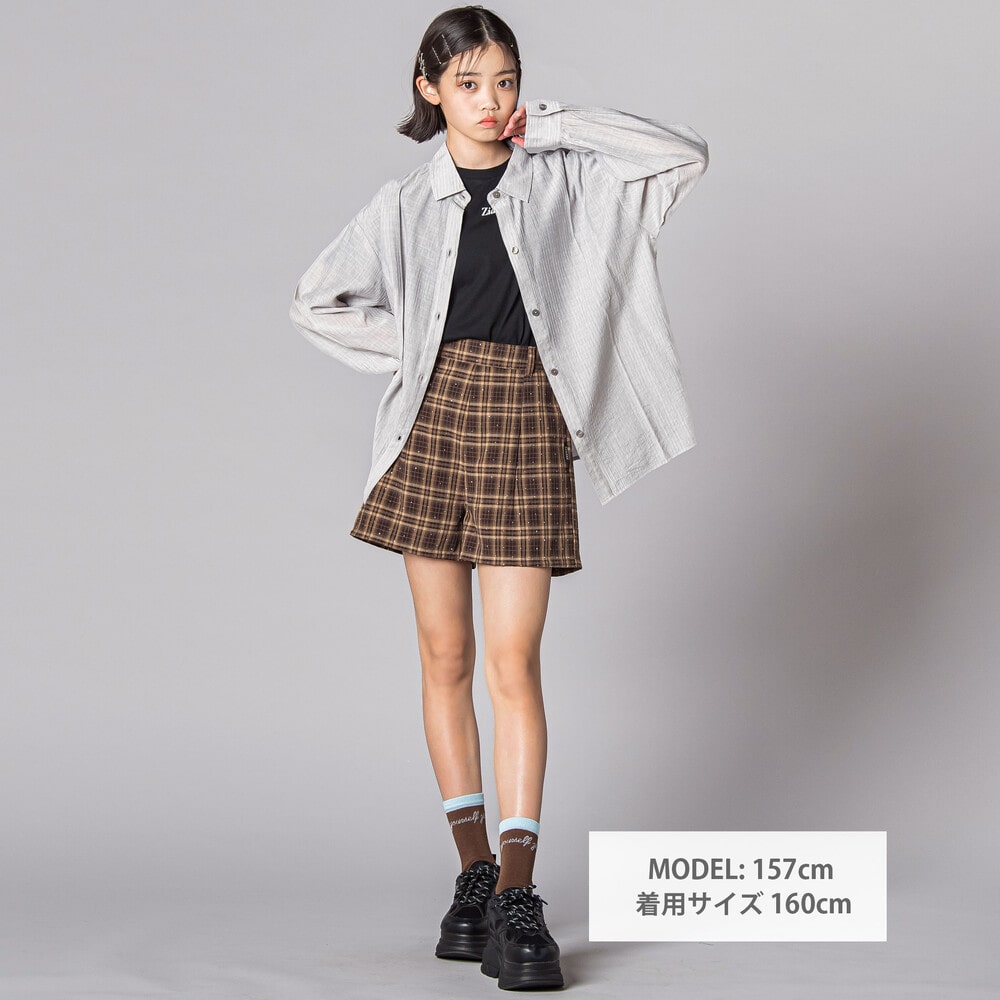 ラインストーンチェックショートパンツ(130~160cm) ブラウン系 130cm