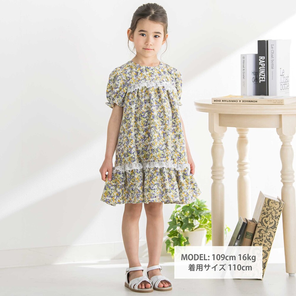 花刺しゅう+花プリントワンピース(95~150cm) パープル系 95cm