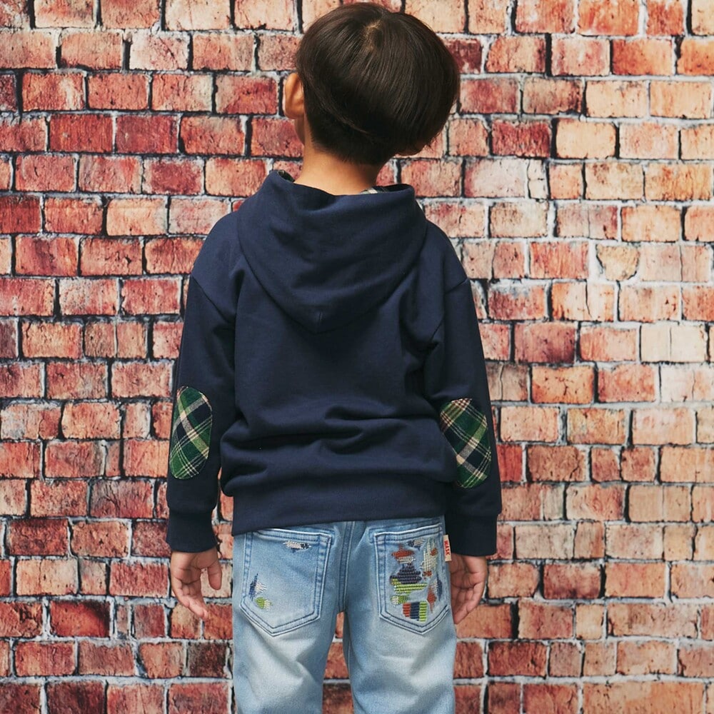 エルボーパッチチェックBIG裏毛フーディ(110~160cm) ネイビー 110cm