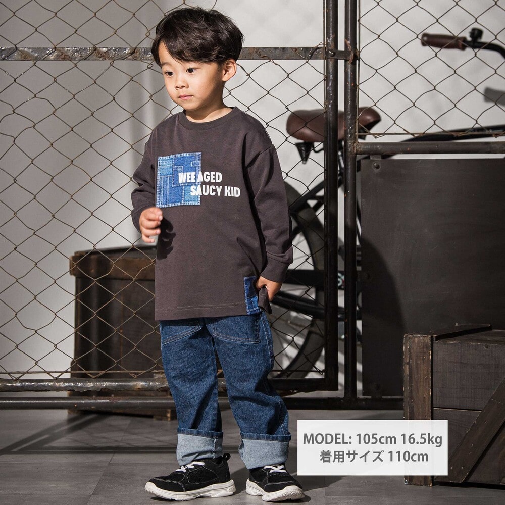 デニム風プリントバスク天竺BIGTシャツ(110~160cm) オフホワイト 110cm