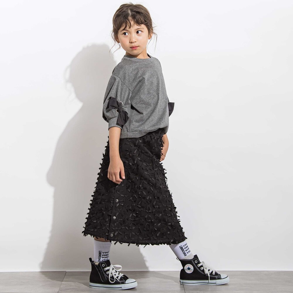 チュールリボンモチーフサイドプリーツスカート 親子お揃い(110~140cm) ブラック M(110~125cm)