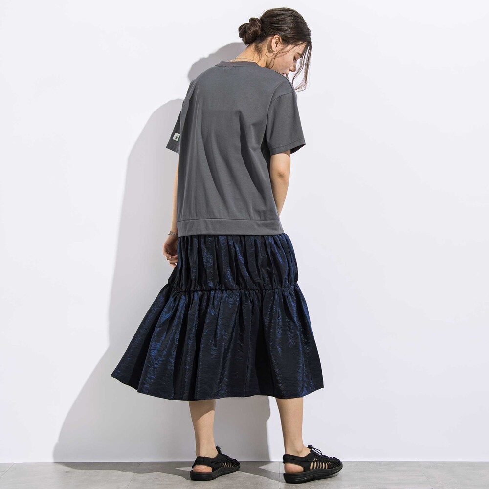 (ペチコート付)ポンチ+メタリックボイルスカートドッキング半袖ワンピース親子お揃い大人(140~160cm) ブラック S(140~150cm)