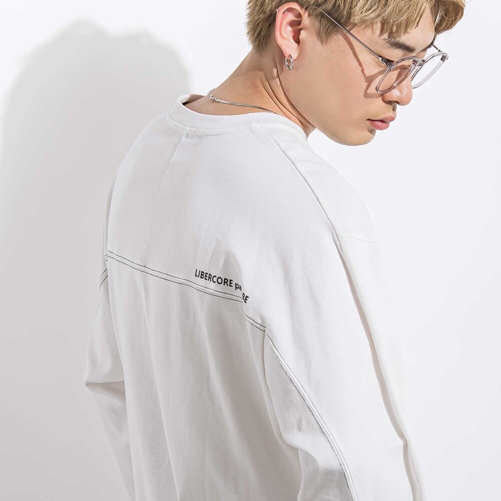 ヘビーオンスカラーステッチ切り替え天竺長袖Tシャツ 親子お揃い 大人(140~175cm) ホワイト S(140~150cm)
