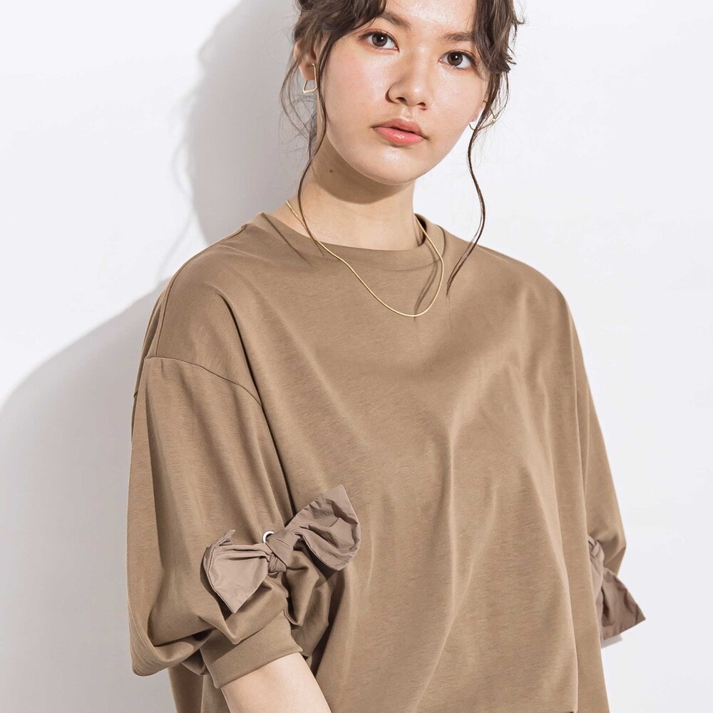 BIGリボンモチーフバルーンスリーブ天竺6分袖Tシャツ 親子お揃い 大人(140~160cm) ブラウン M(150~160cm)