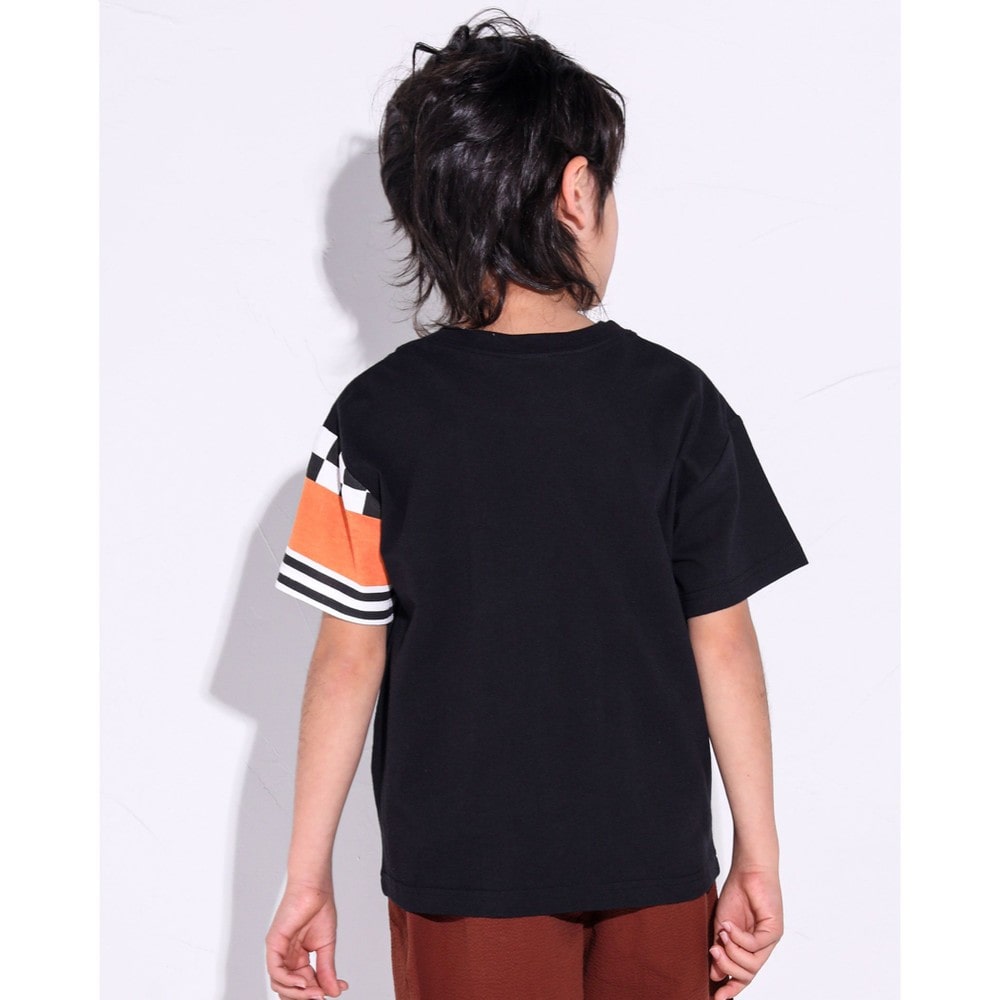 フラッグチェック ボーダー 切り替え スリーブ Tシャツ(120~160cm) グリーン 160cm
