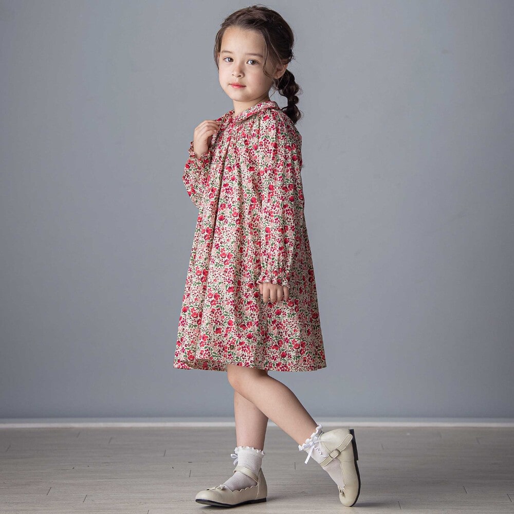 【日本製】リバティタナローン(Coward)花柄ワンピース(90~140cm) レッド系 100cm