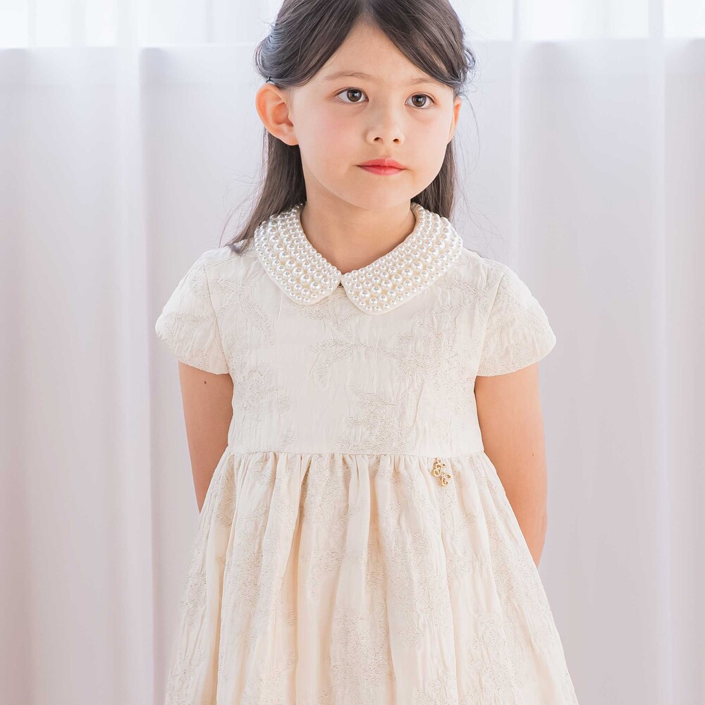 【日本製】ゴールドラメジャガード シャインフラワーワンピース(100~130cm) ベージュ系 100cm
