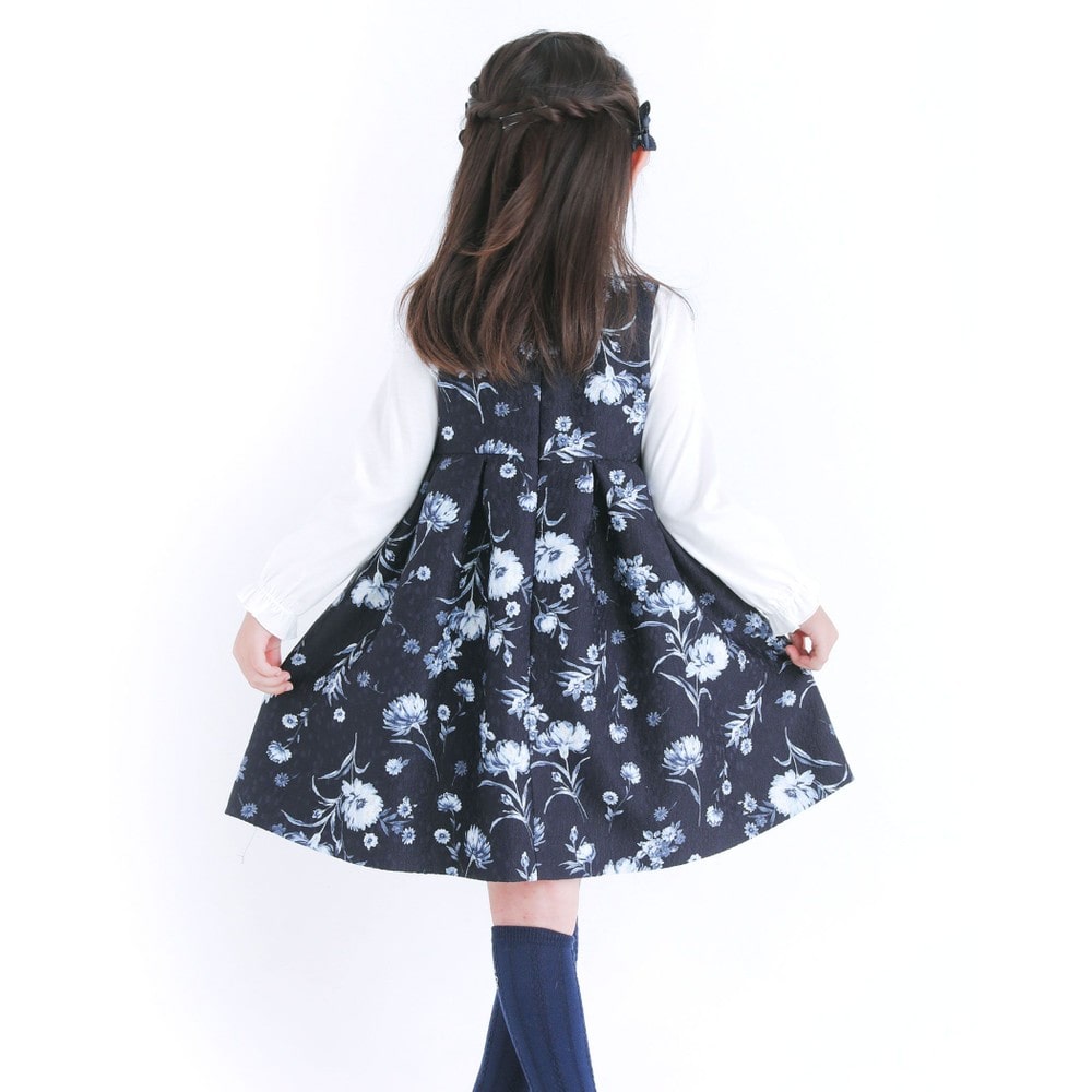 日本製 フォーマル ジャガード 花柄 リボン Aライン ワンピース ジャンパースカート ドレス (80cm~140cm) ネイビー系 80cm
