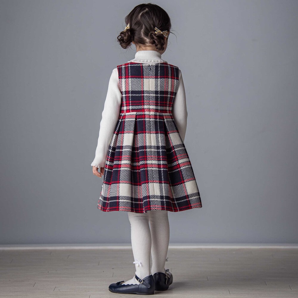 【日本製】【お揃い】ウールチェックサイドリボン付きジャンパースカート(90~140cm) ネイビー系 100cm