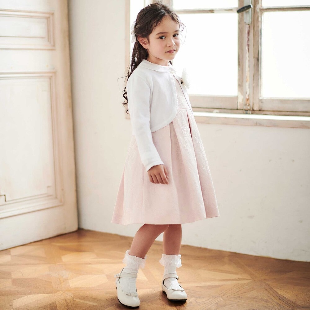 【日本製】ジャガードフラワータック入りジャンパースカート(110~130cm) ピンク系 110cm