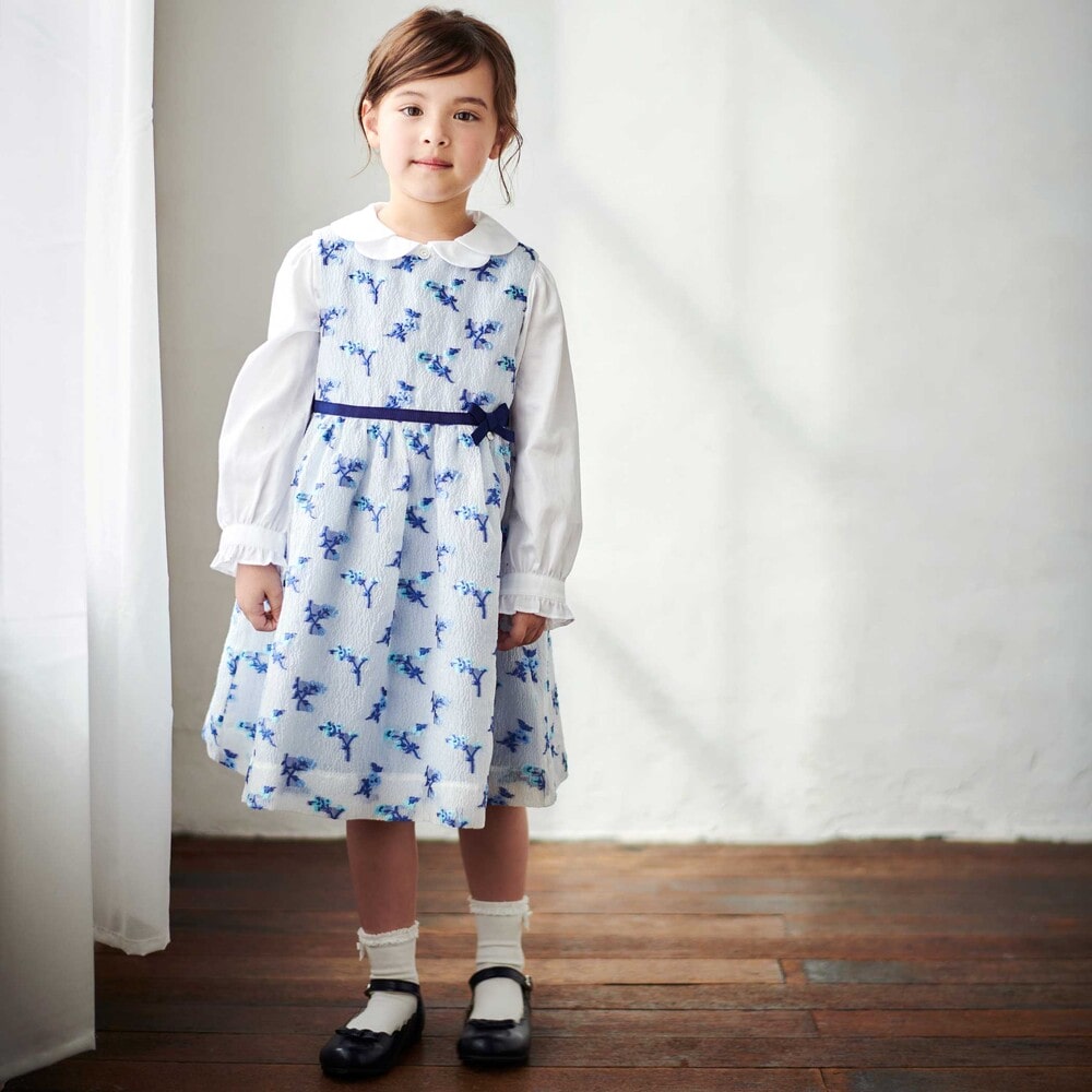 ジャガードフラワーリボン付きジャンパースカート(110~130cm) ブルー系 110cm