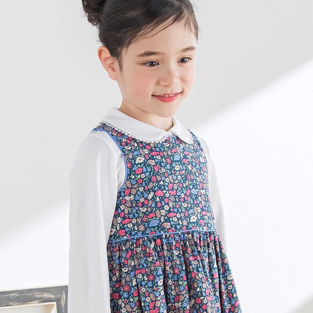 【日本製】【お揃い】リバティプリント(PETAL & DAISY) ジャンパースカート(90~140cm) ネイビー系 90cm