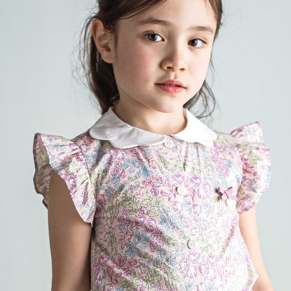 【お揃い】リバティ(SweetPeaLeaf)プリントタナローンスカラップ襟フリル袖ブラウス(100~140cm) ピンク系 100cm