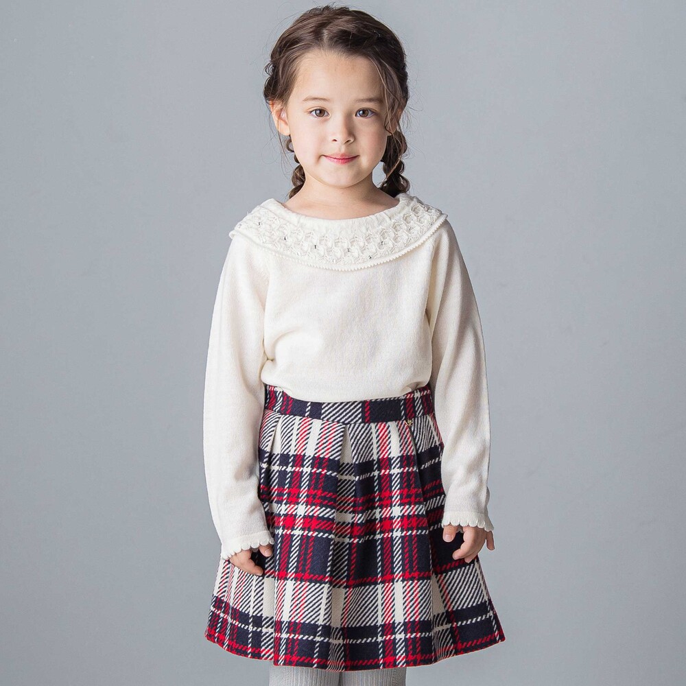 【日本製】【お揃い】ウールチェックフロントタックスカート(100~140cm) ネイビー系 100cm