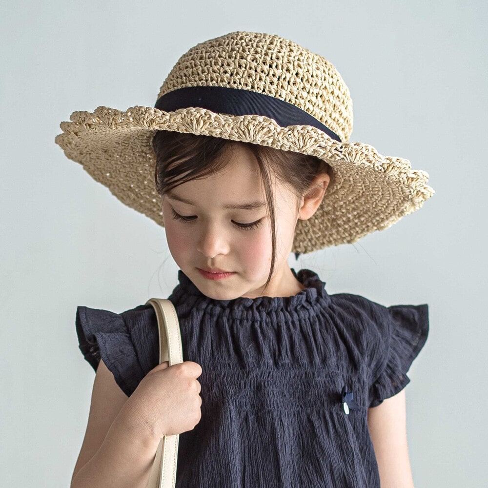 【UVカット】【お揃い】リボン付きブリムスカラップデザインペーパーハット(52~56cm) ネイビー 52cm