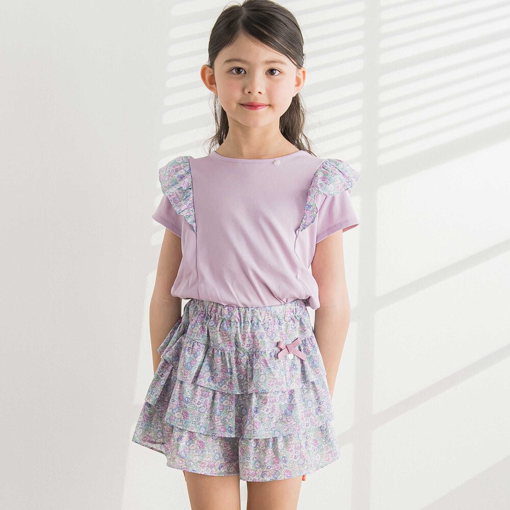 【日本製】【お揃い】リバティ(leontyne dream)プリントタナローン フリルデザインTシャツ(90~140cm) パープル 90cm