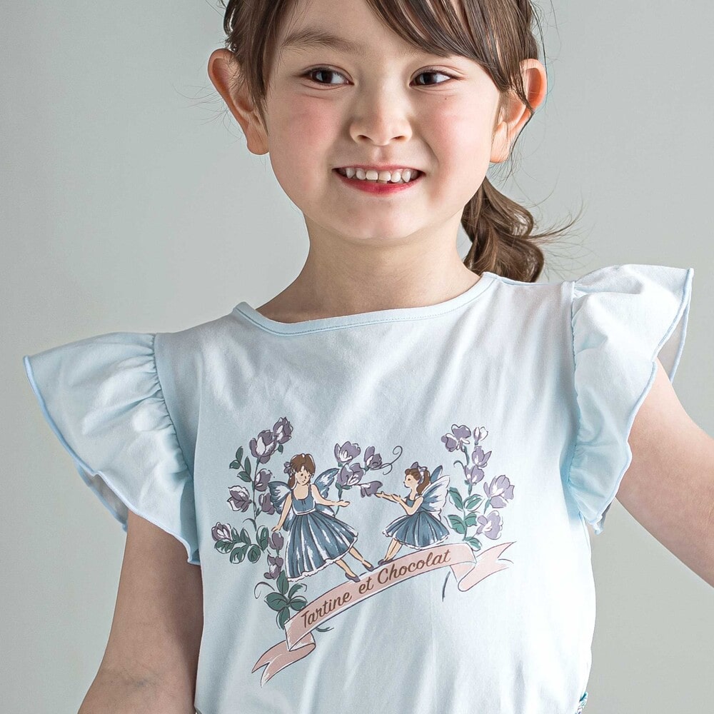 ベア天竺 袖フリルプリントTシャツ(90~140cm) ブルー 90cm