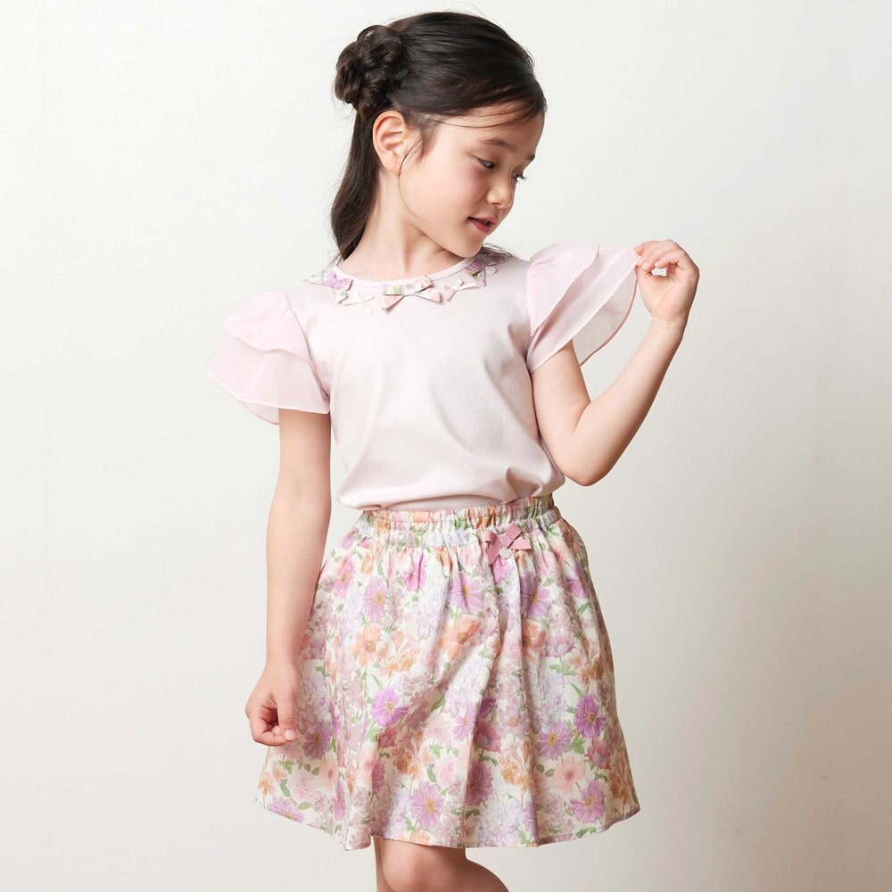 【お揃い】リバティ(MARINA'S WALK)プリントリボンモチーフ 袖シフォンTシャツ(100~140cm) ピンク 100cm