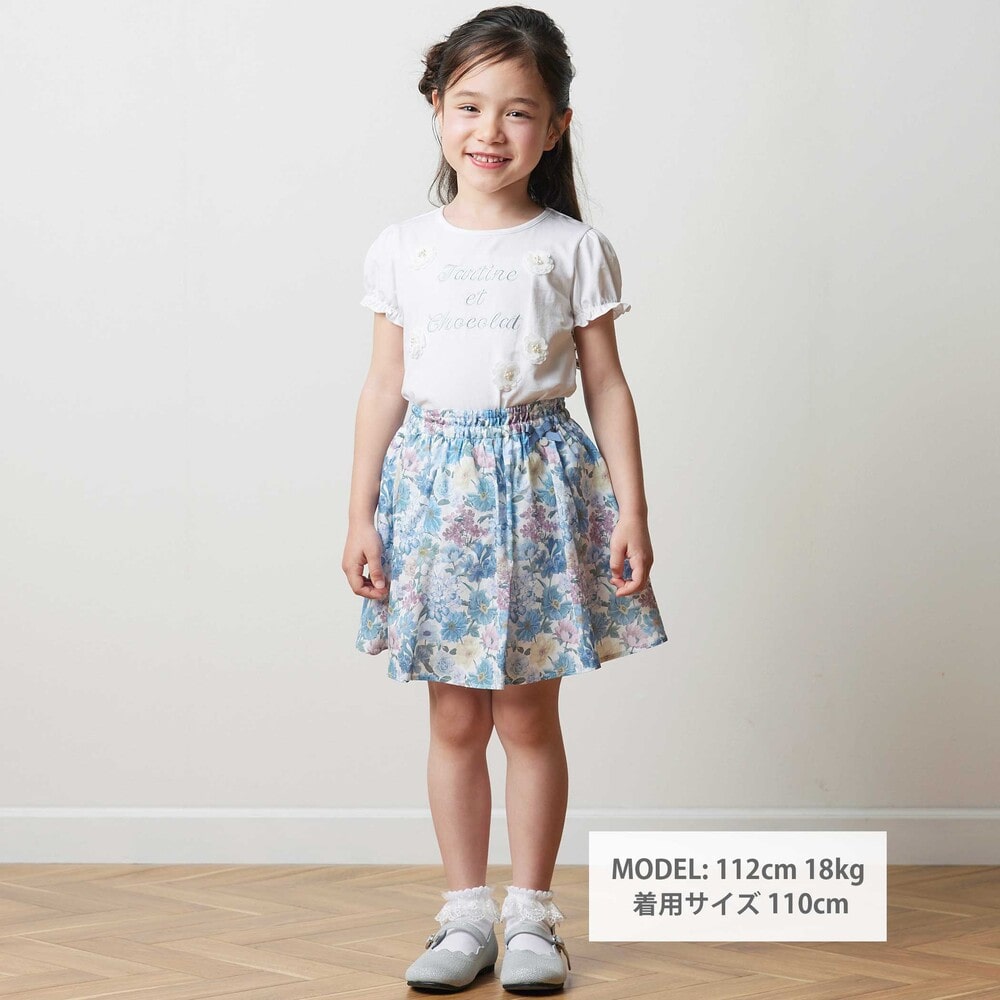 ベア天竺 フラワーモチーフ ロゴ刺しゅうTシャツ(100~140cm) ホワイト 100cm