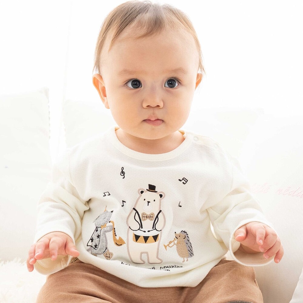 【お揃い】アニマル音楽隊パッチWフェイス長袖Tシャツ(70~90cm) オフホワイト S