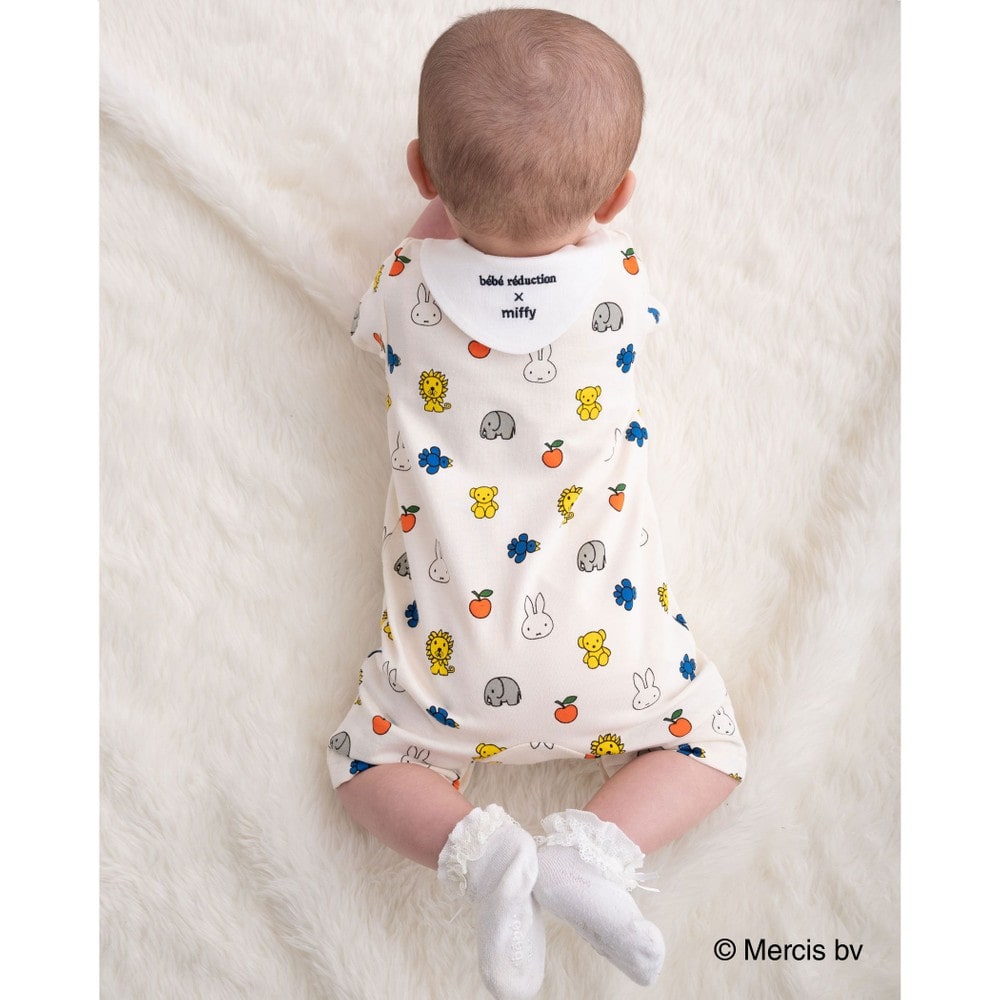 【miffy×bebe reduction コラボアイテム】ミッフィー 動物 総柄 半袖 カバーオール (70~90cm) オフホワイト系 70cm