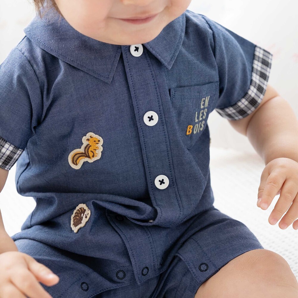 森のどうぶつプリントワッペン付きダンガリー半袖カバーオール(70~80cm) ネイビー 70cm