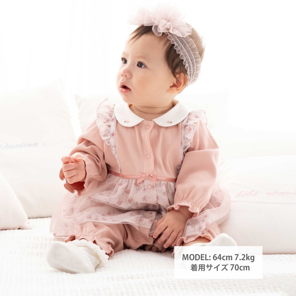 【お揃い】テレコシフォンフラワープリント付きカバーオール ベビー(70~80cm) ピンク 70cm