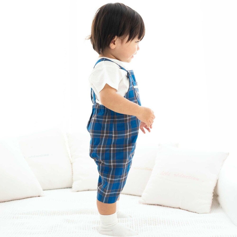 【お揃い】【神戸タータン×BR】ポケット付きサロペット型ロンパースベビー(70~90cm) ブルー系 S