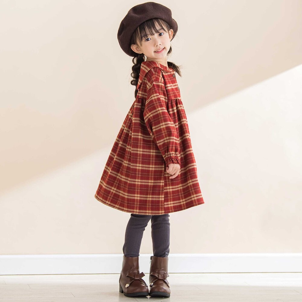 【お揃い】チェック柄セーラー襟ワンピース(80~130cm) レッド系 90cm