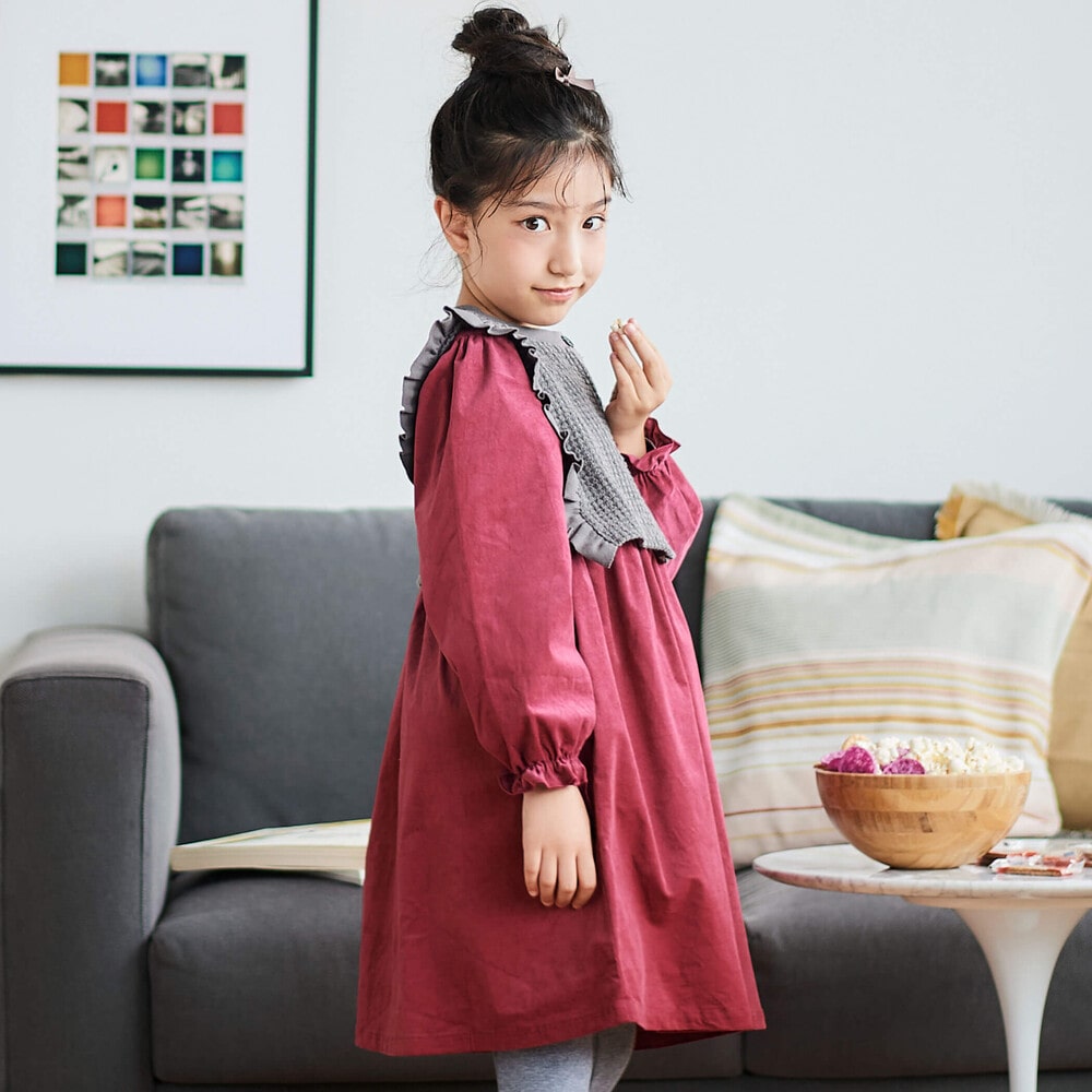 シャツコールワンピース&ワッフルベストセット(80~130cm) ボルドー系 100cm
