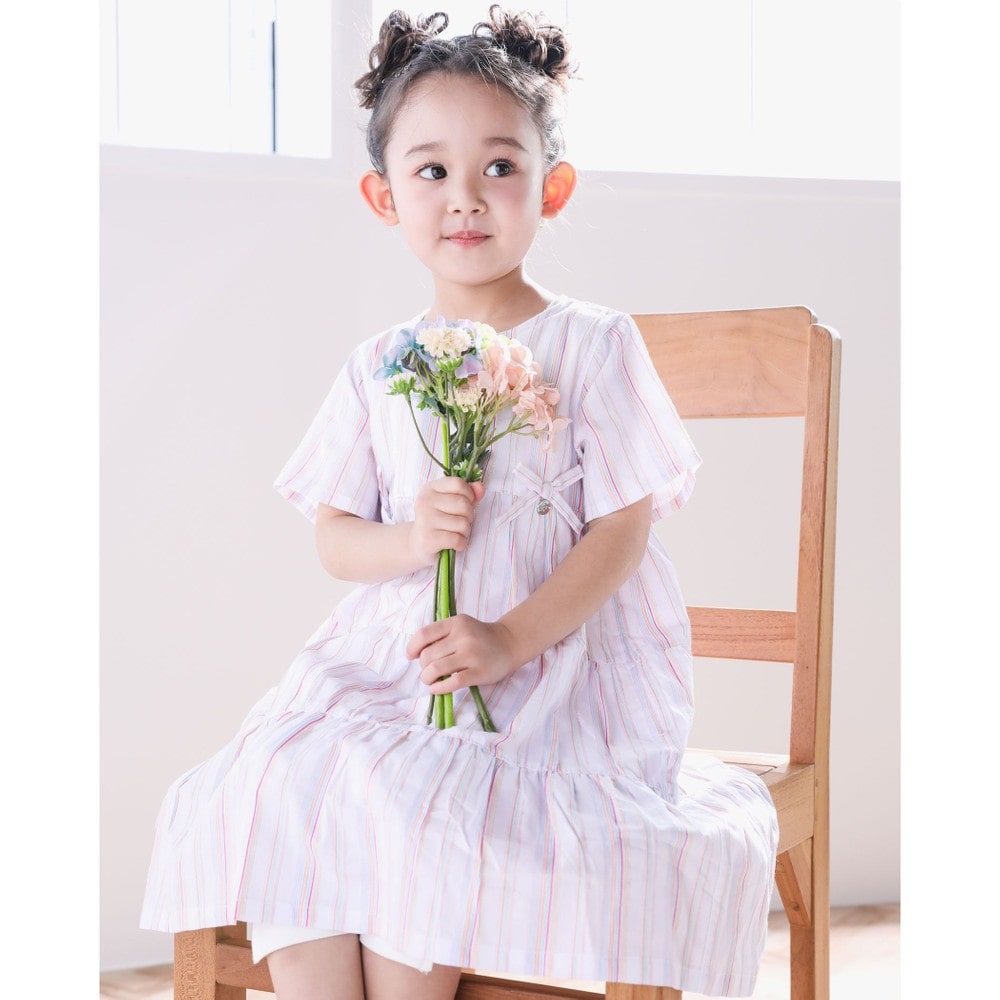 ストライプ ティアード 裏地付 ワンピース (90~130cm) オレンジ系 130cm