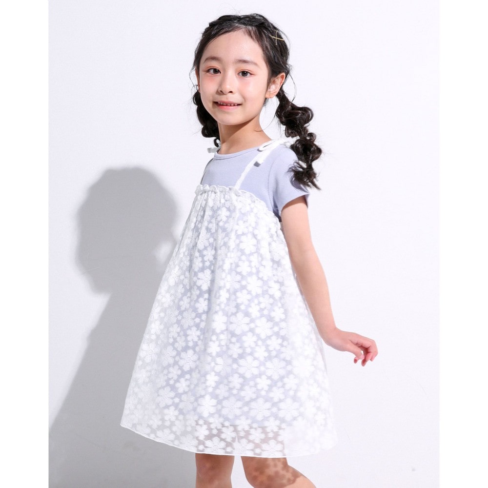 花柄 チュール ドッキング ワンピース (80~130cm) オフホワイト 130cm