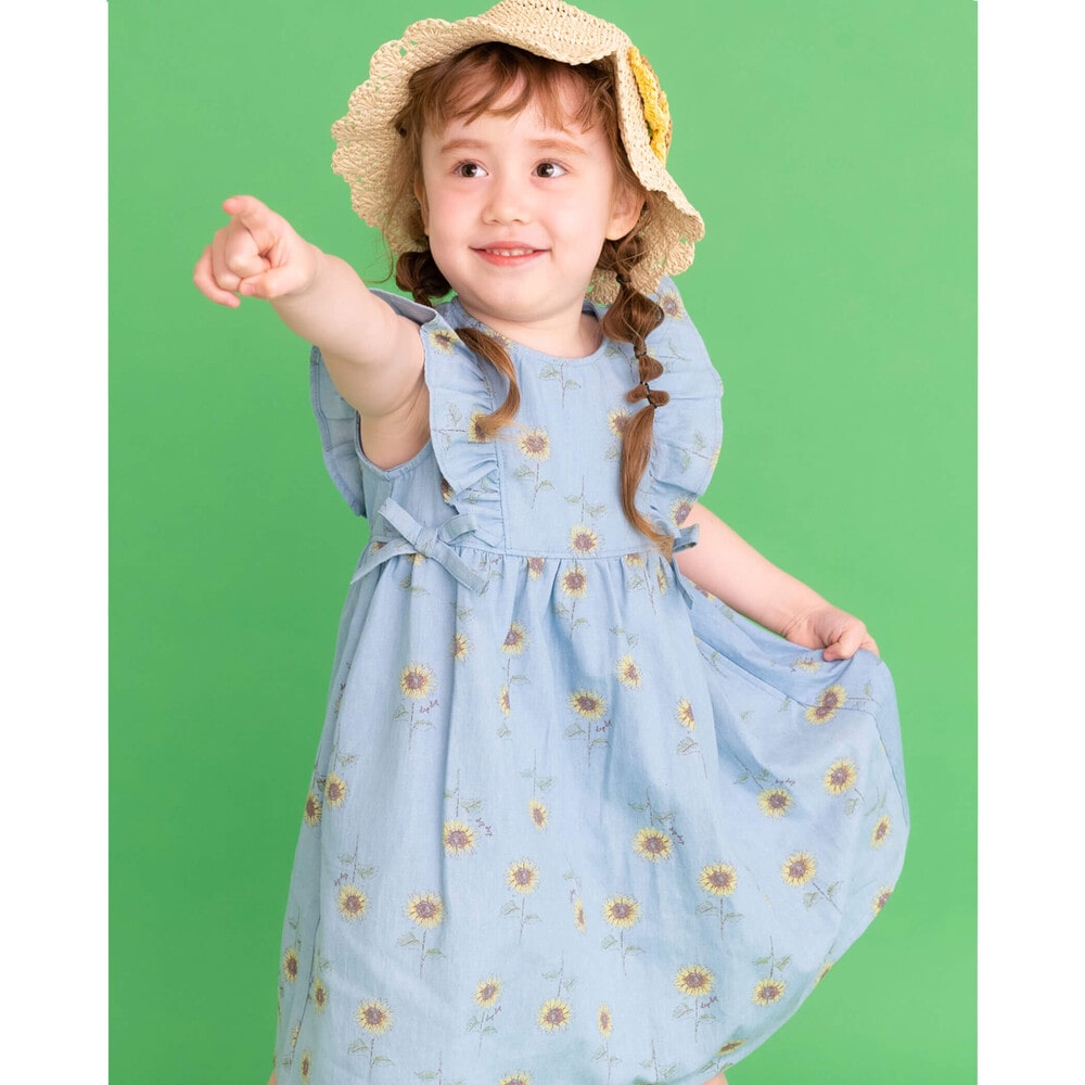 【 お揃い 】 ひまわり 総柄 デニム 布帛 ワンピース (80~130cm) ブルー系 90cm