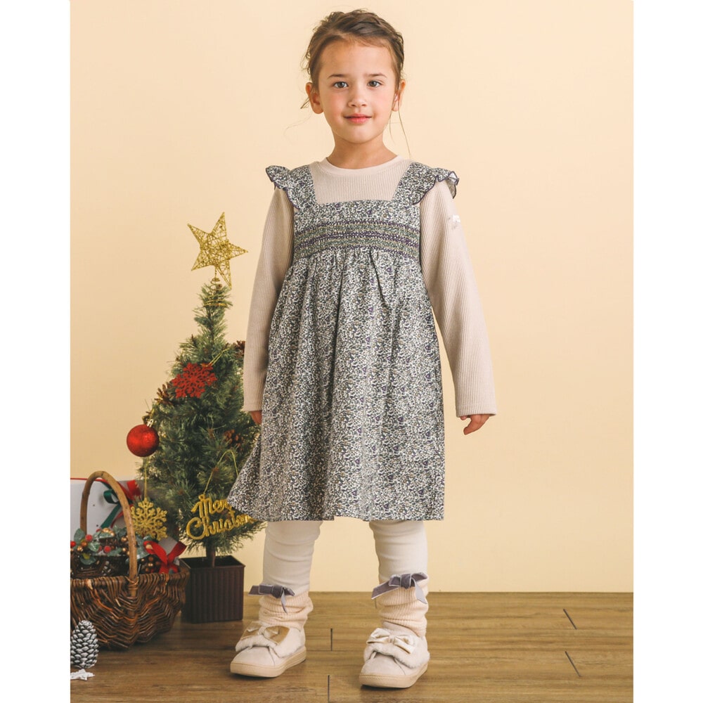 【 お揃い 】 花柄 プリント スモッキング 刺繍 ドッキング Wフェイス ワンピース (80~130cm) グリーン系 110cm