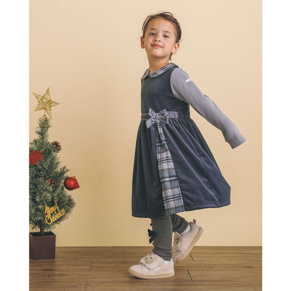 お揃い 】 チェック 柄 襟 ベロア リボン 付 ワンピース (90~130cm