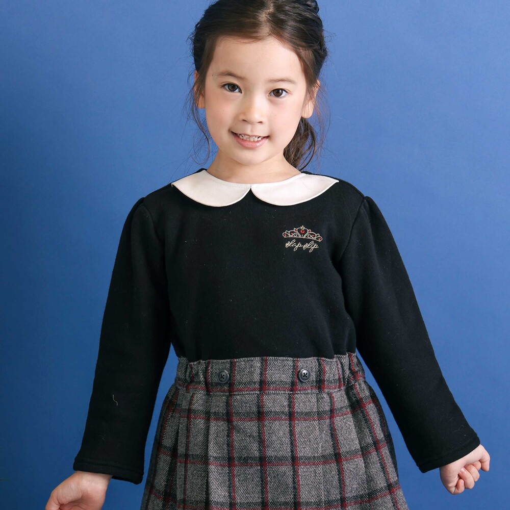 ティアラ刺しゅう付きチェックプリーツドッキングワンピース(90~130cm) ブラック×グレー系 90cm