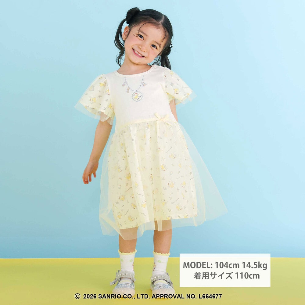 【シナモロール/ポムポムプリン×SLAPSLIP】総柄プリントふわっとチュールフレアワンピース(90~130cm) イエロー 90cm